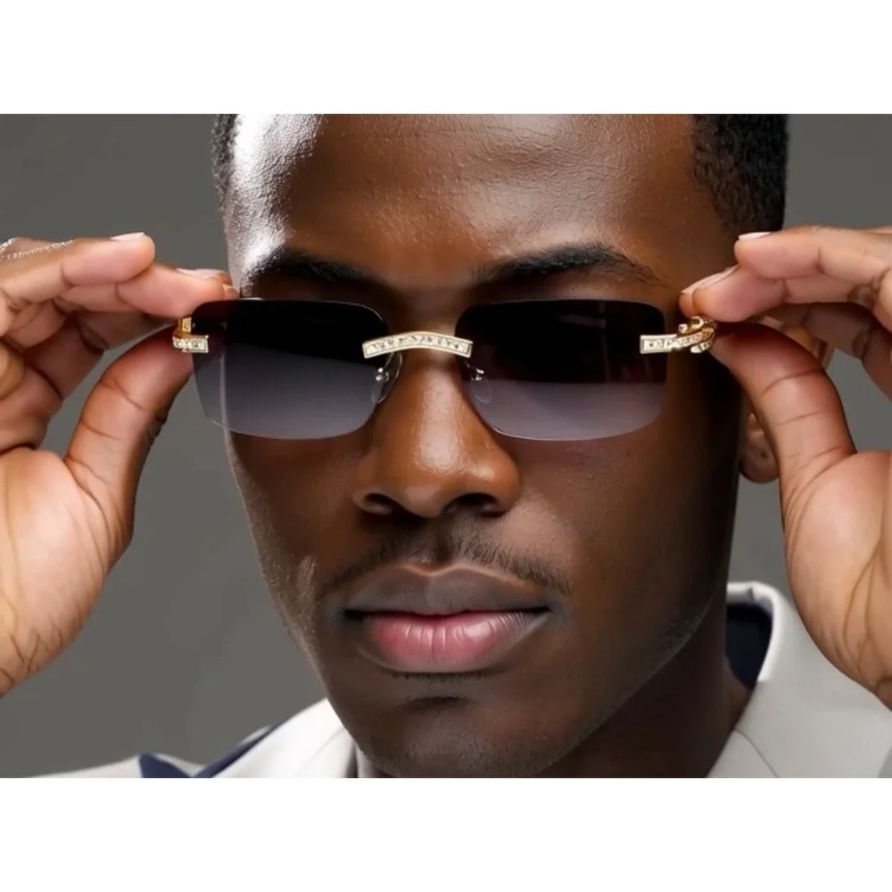Rimless‎ Sunglasses Rectangle Black Lens Frame Rhinestone Accents Men Lentes New